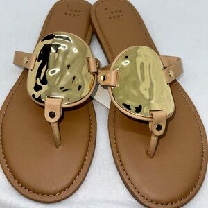 Size 10 a new day Tan Sandals with Gold Medallion Accent Beach Trip Packable